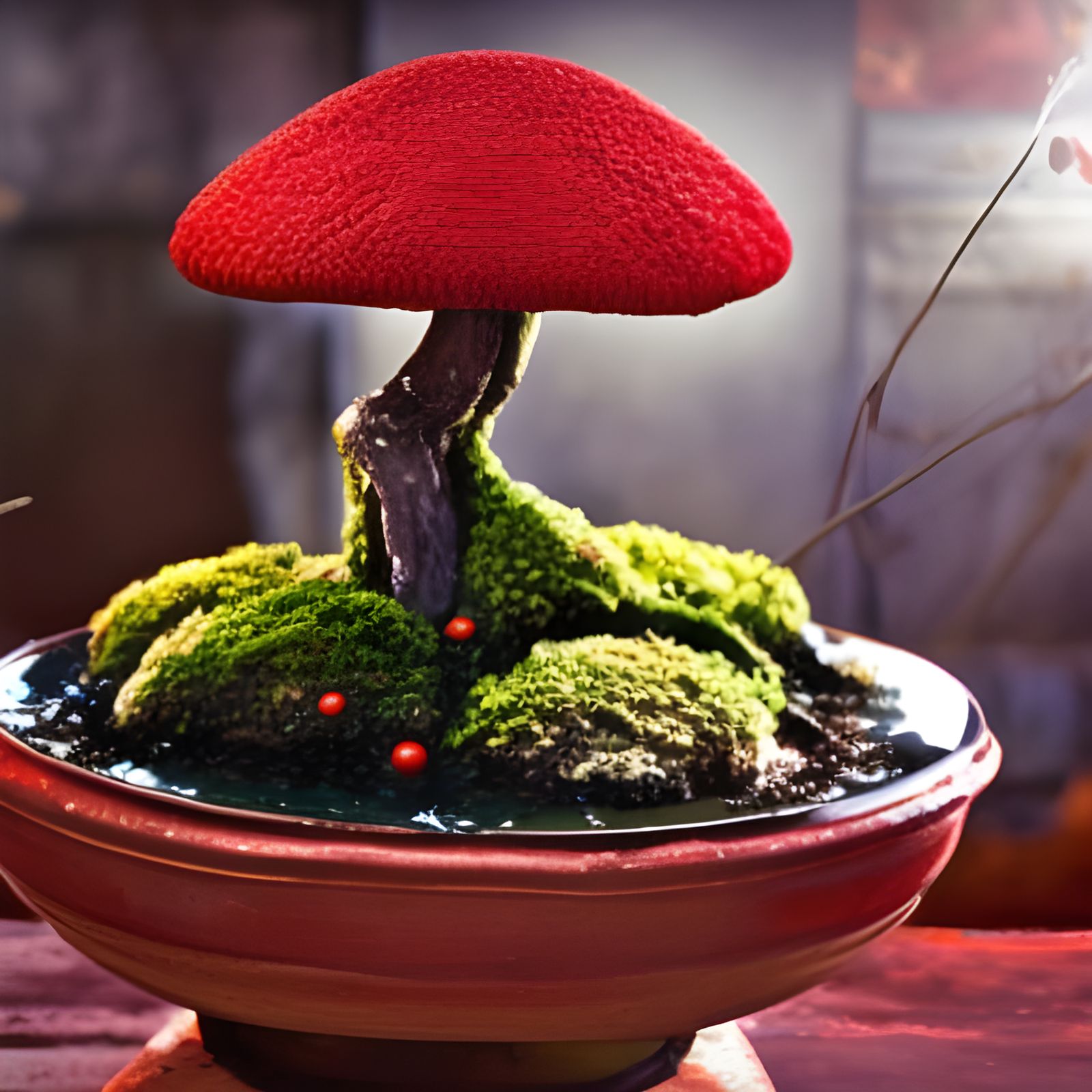 red mushroom in bonsai pot