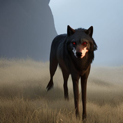 female wolf with red eyes  clean golden black  heart