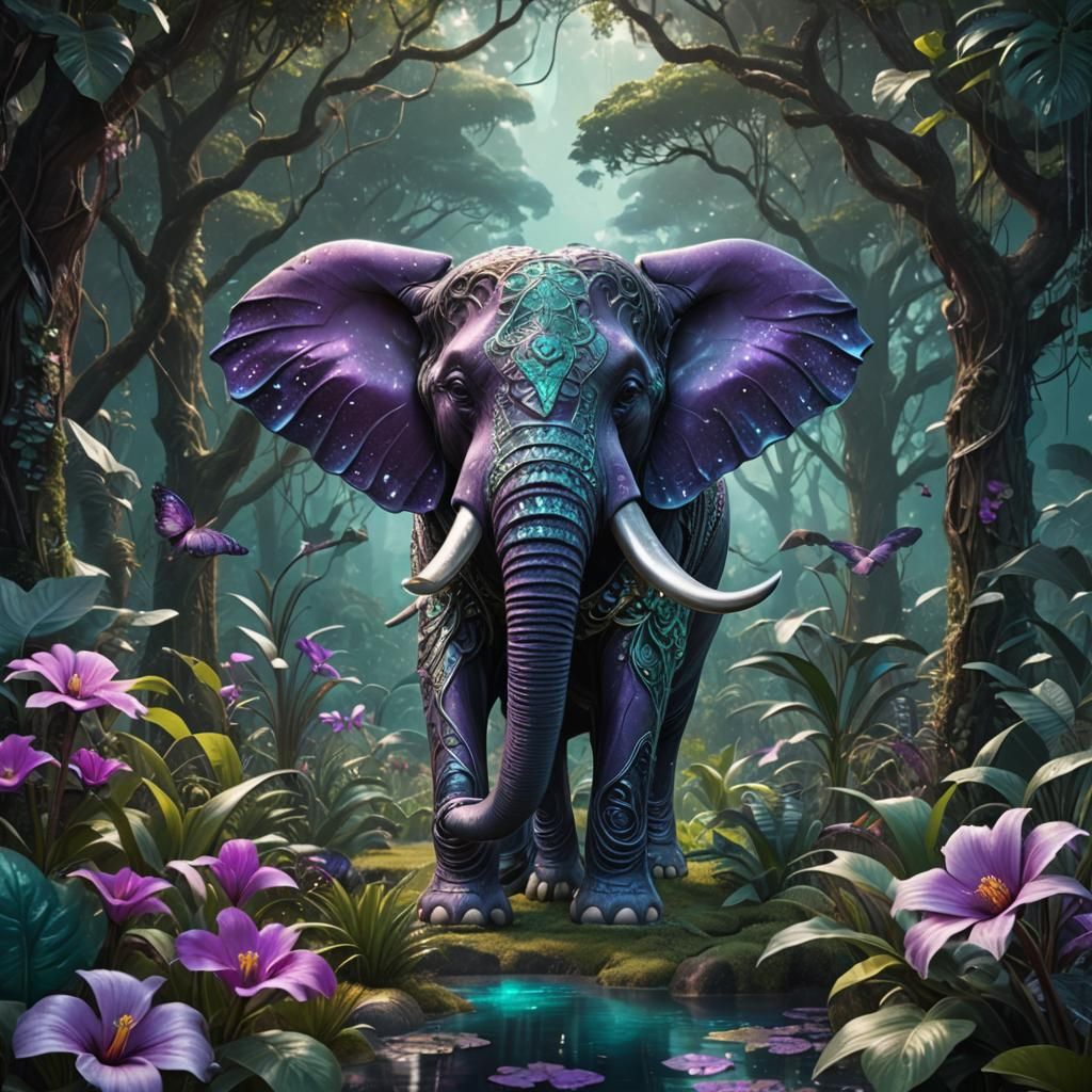jungle purple teal silver Sparkle floral landscape with fili...