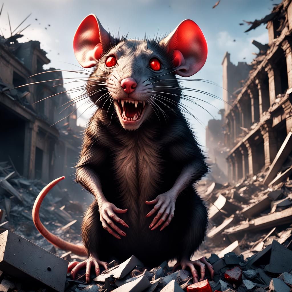 Demonic rat red eyes big teeth on a pile of rubble and rubbish - AI ...