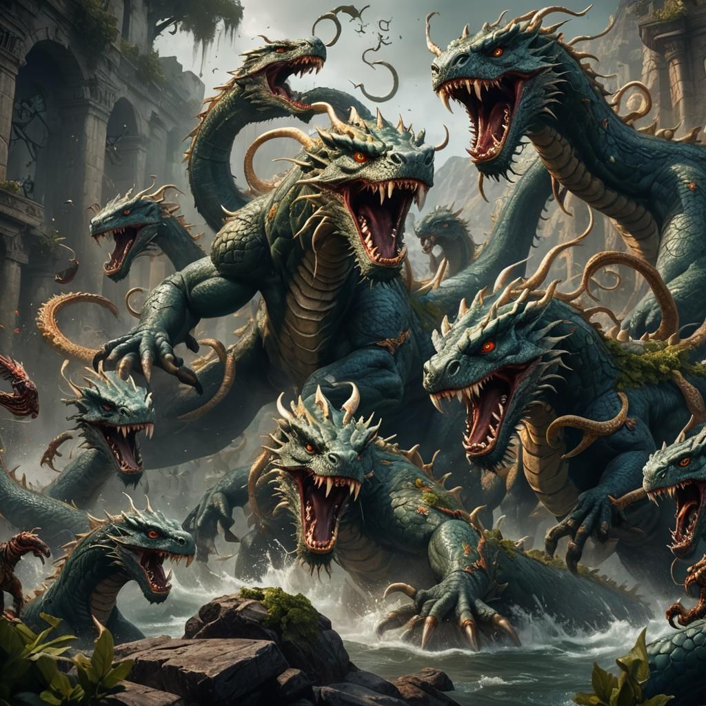 Mythical Hydra in Epic Battle, Fantasy Concept Art