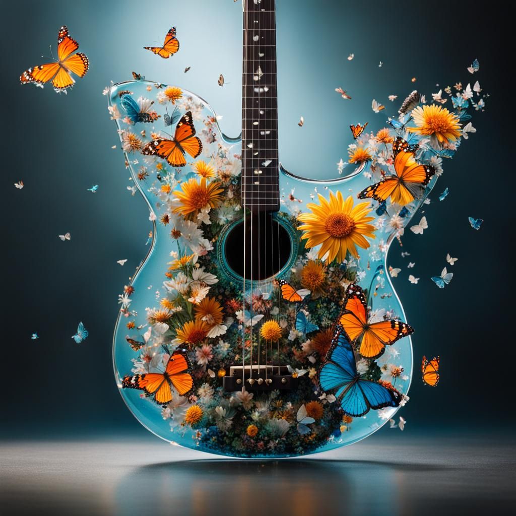 A glass guitar with butterflies and flowers