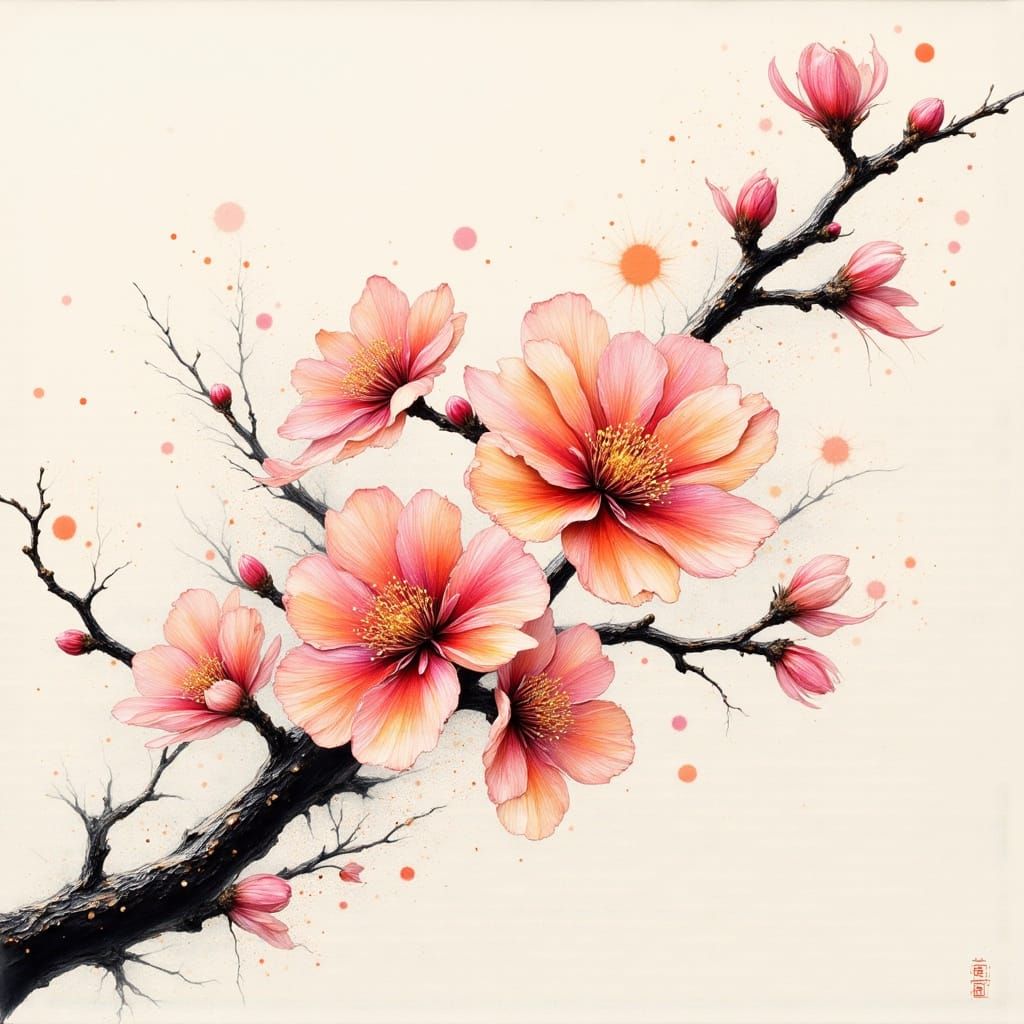 <lora:Ink splatter style:1.0> <lora:PR AlcoholWCGlass:1.0> <lora:Empaste:1.0> <lora:Impax v2:1.0> Cherry blossom branch in soft peach and pi...