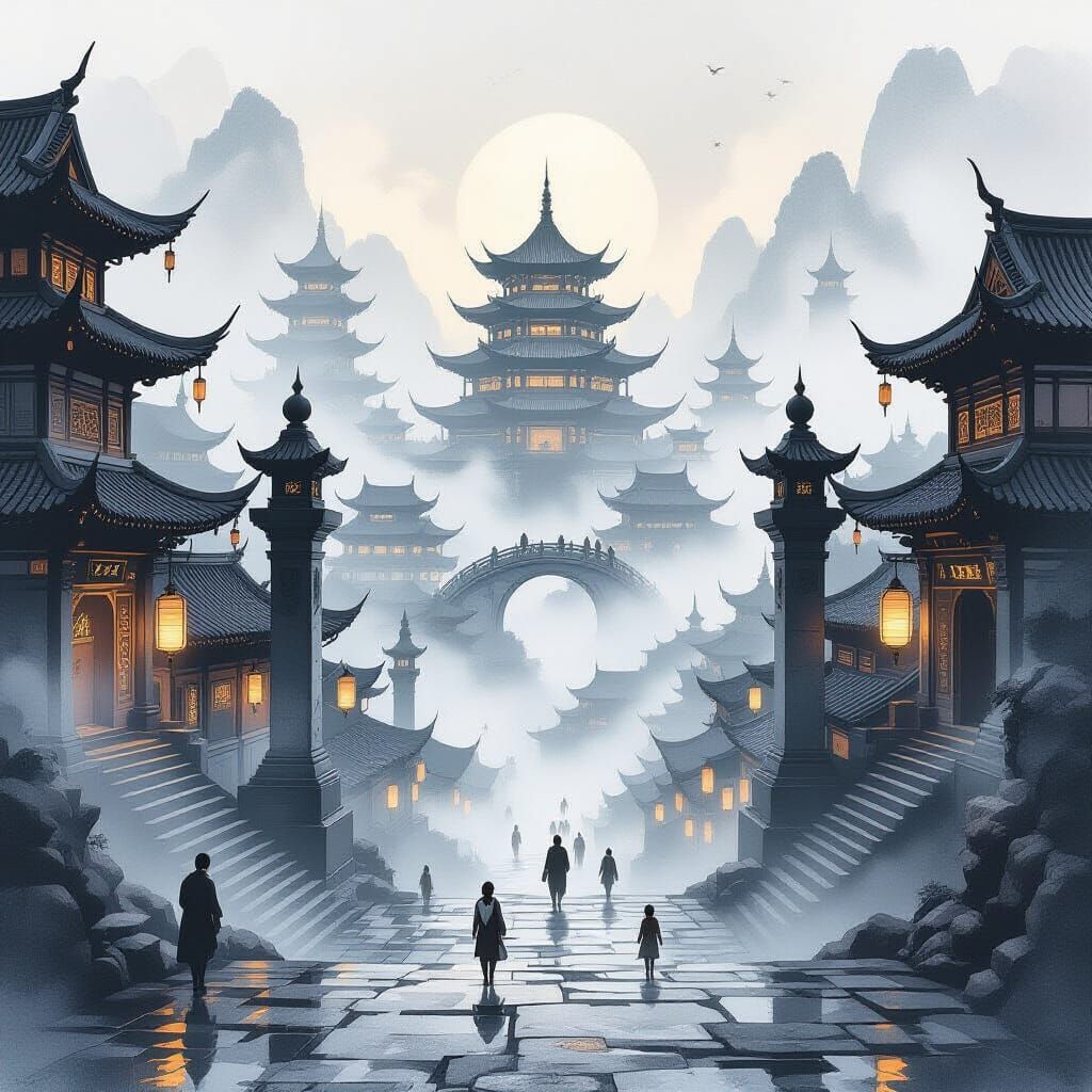 The image depicts a grand, otherworldly cityscape rendered in the style of traditional Asian ink and charcoal painting.

In the foreground, ...