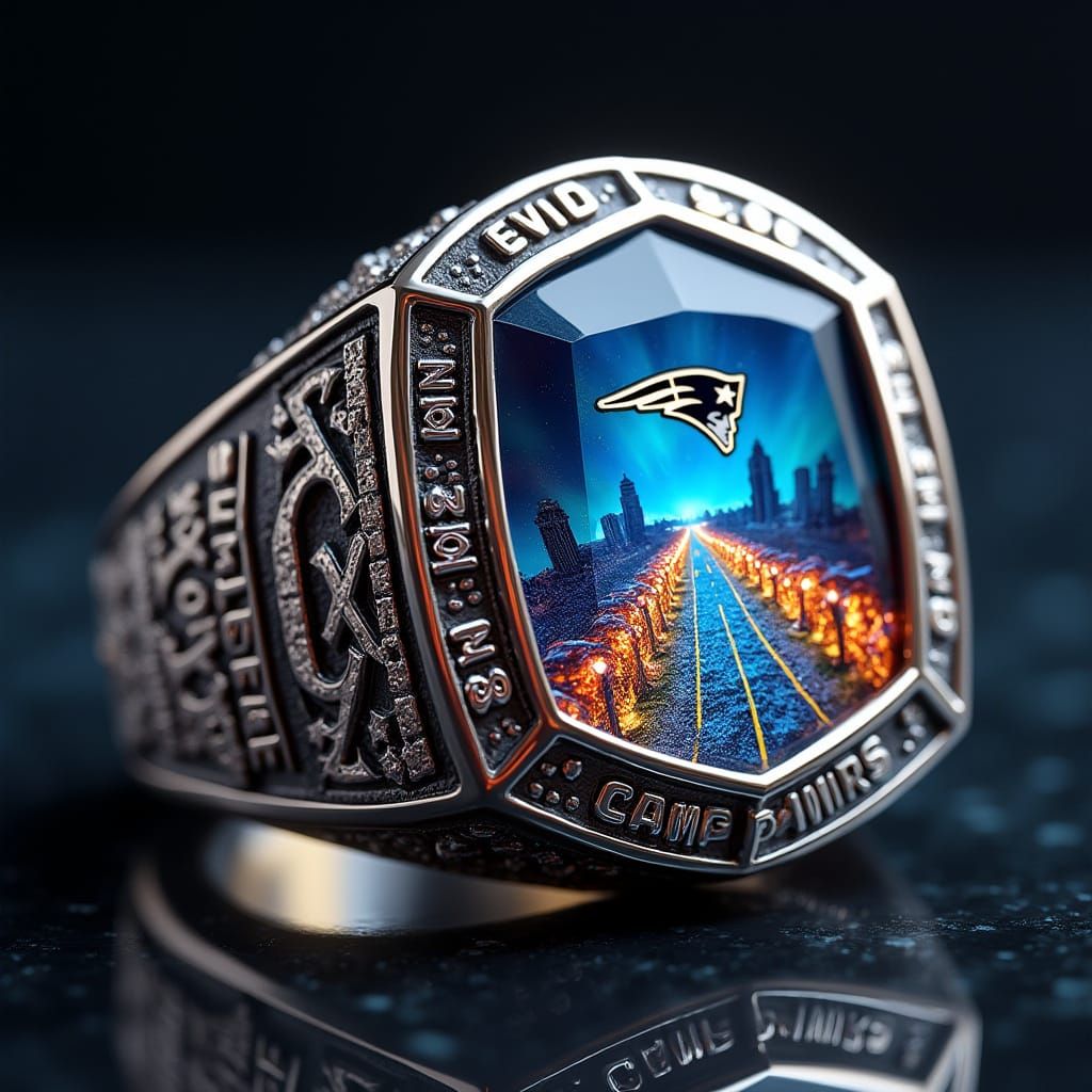 Hyperrealistic portrait of Here is a teaser:

{
  "prompt": "An ultra-detailed Super Bowl championship ring for the New England Patriots, cr...