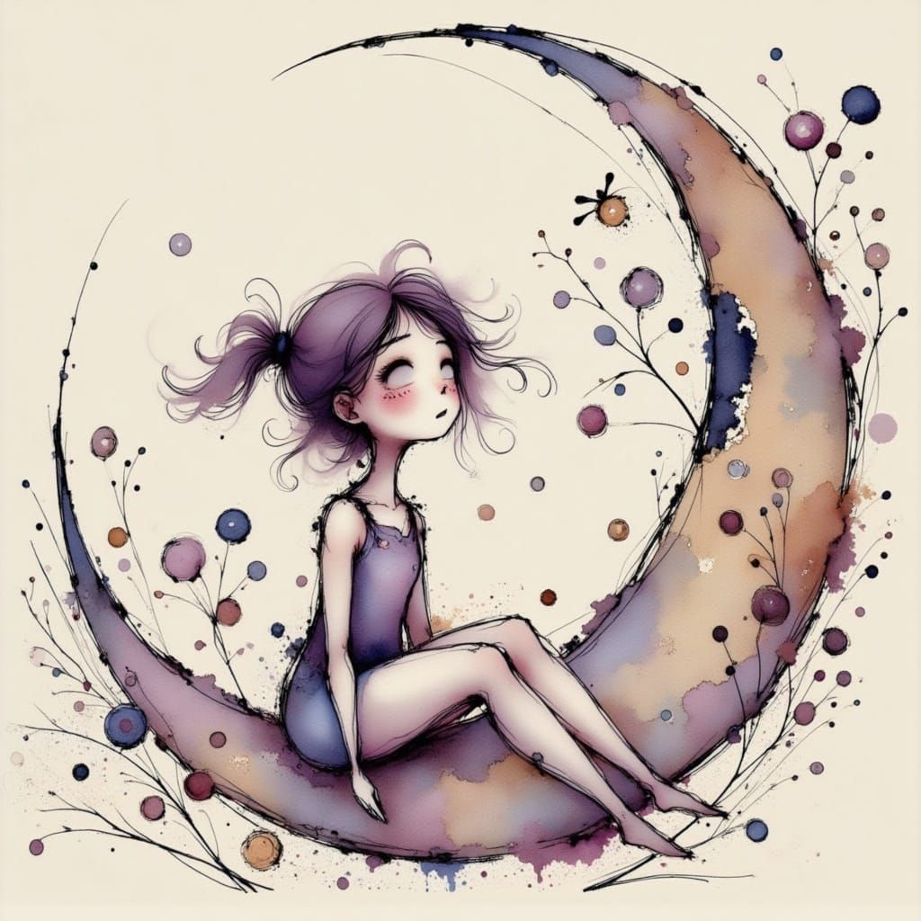 Ink and charcoal sketch, pixie sitting on a huge crescent moon looking excited, by Mila Marquis, purple and brown hues <lora:Earth and water...