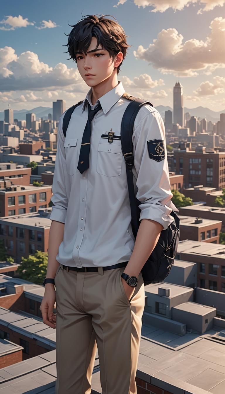 A handsome high school guy wearing uniform in  stood on the ...