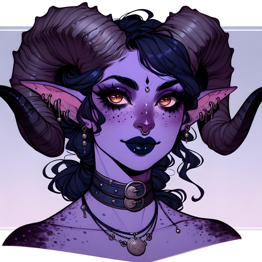 A female Tiefling character with a deep lavender complexion and light