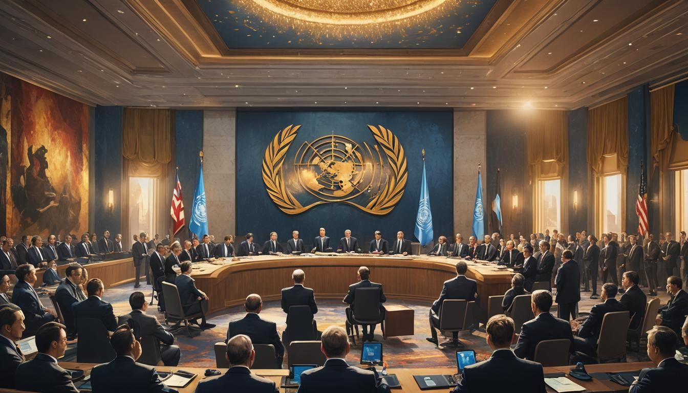 A photograph of an international press conference at the UN,...