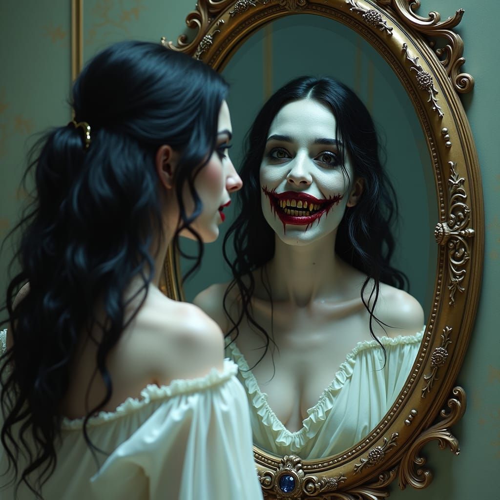 A beautiful woman looking at a mirror and a bloody ghostly w...