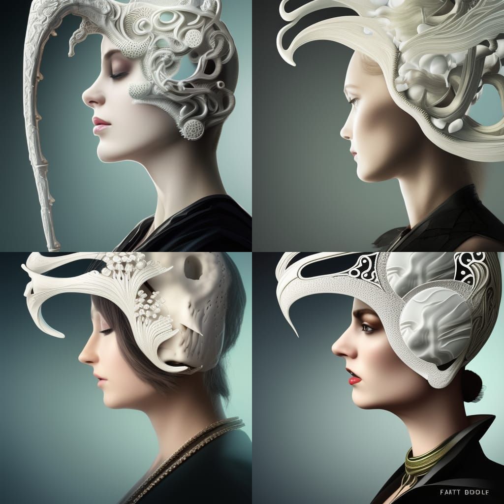 side portrait, futuristic headpiece on woman made of carved white