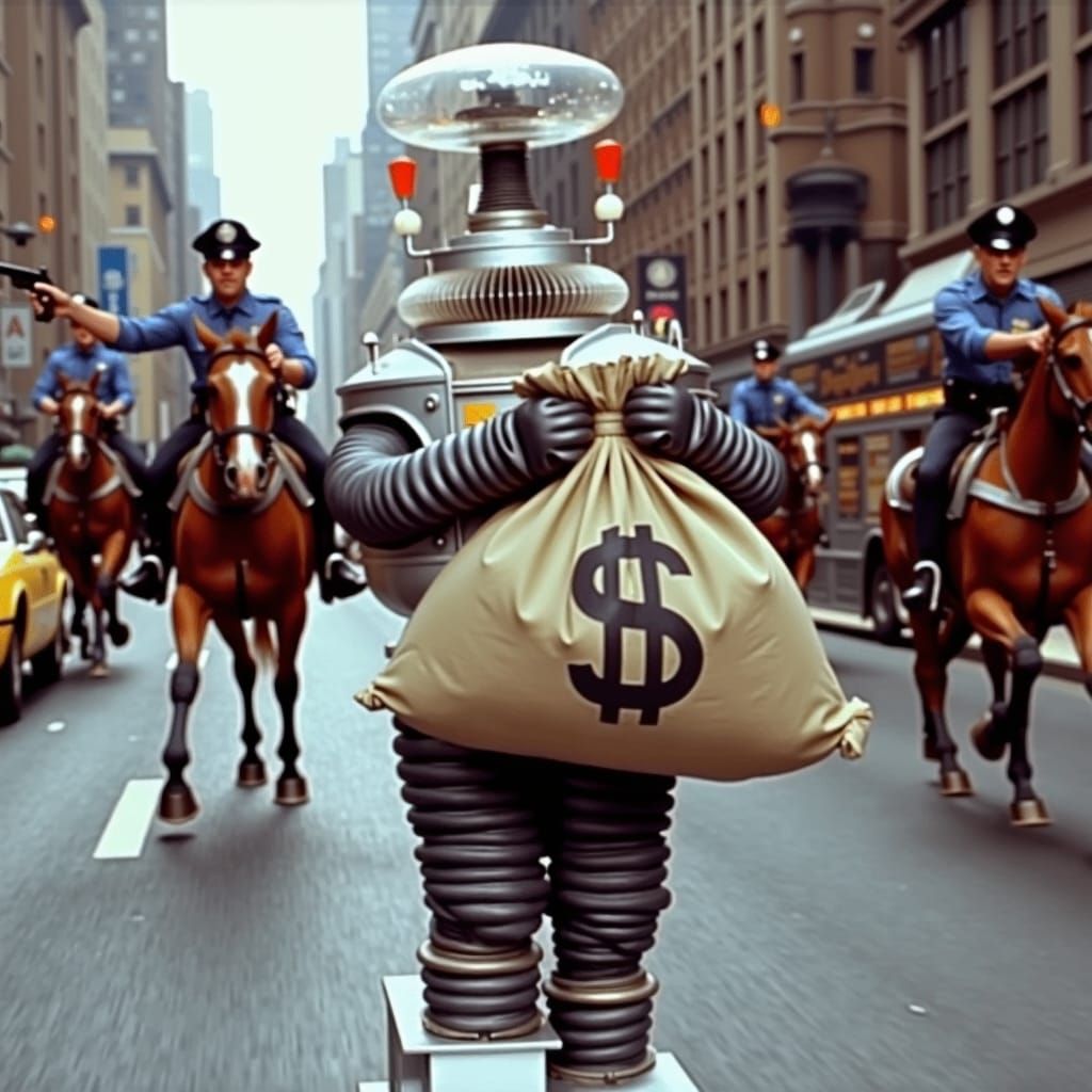 ROBOT B9 PURSUED IN A MODERATE SPEED CHASE AFTER THE "FIRST NATIONAL" BANK ROBBERY!