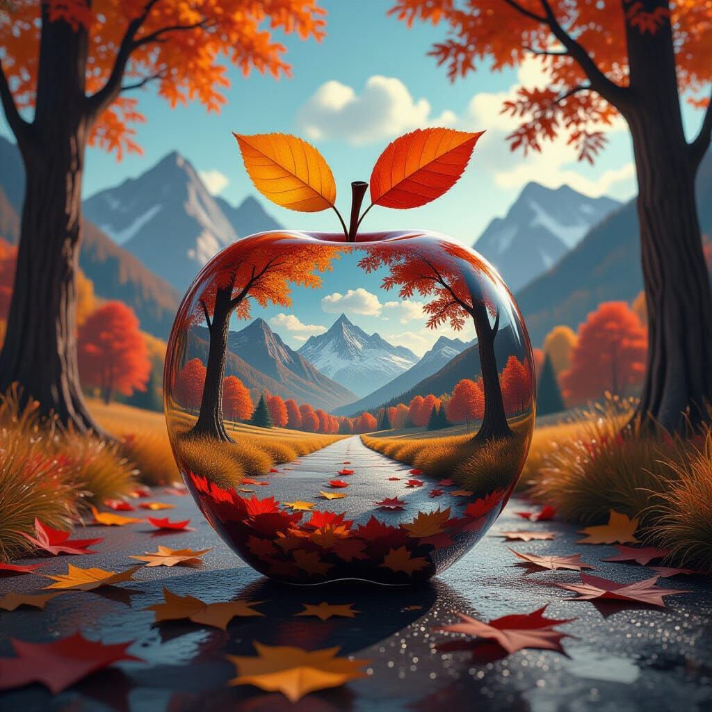 Autumn Landscape Inside Glass Apple: Digital Art