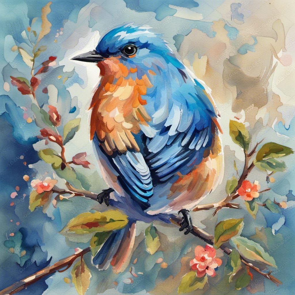 Beautiful blue bird in Gouache Style, Watercolor, Museum Epi...