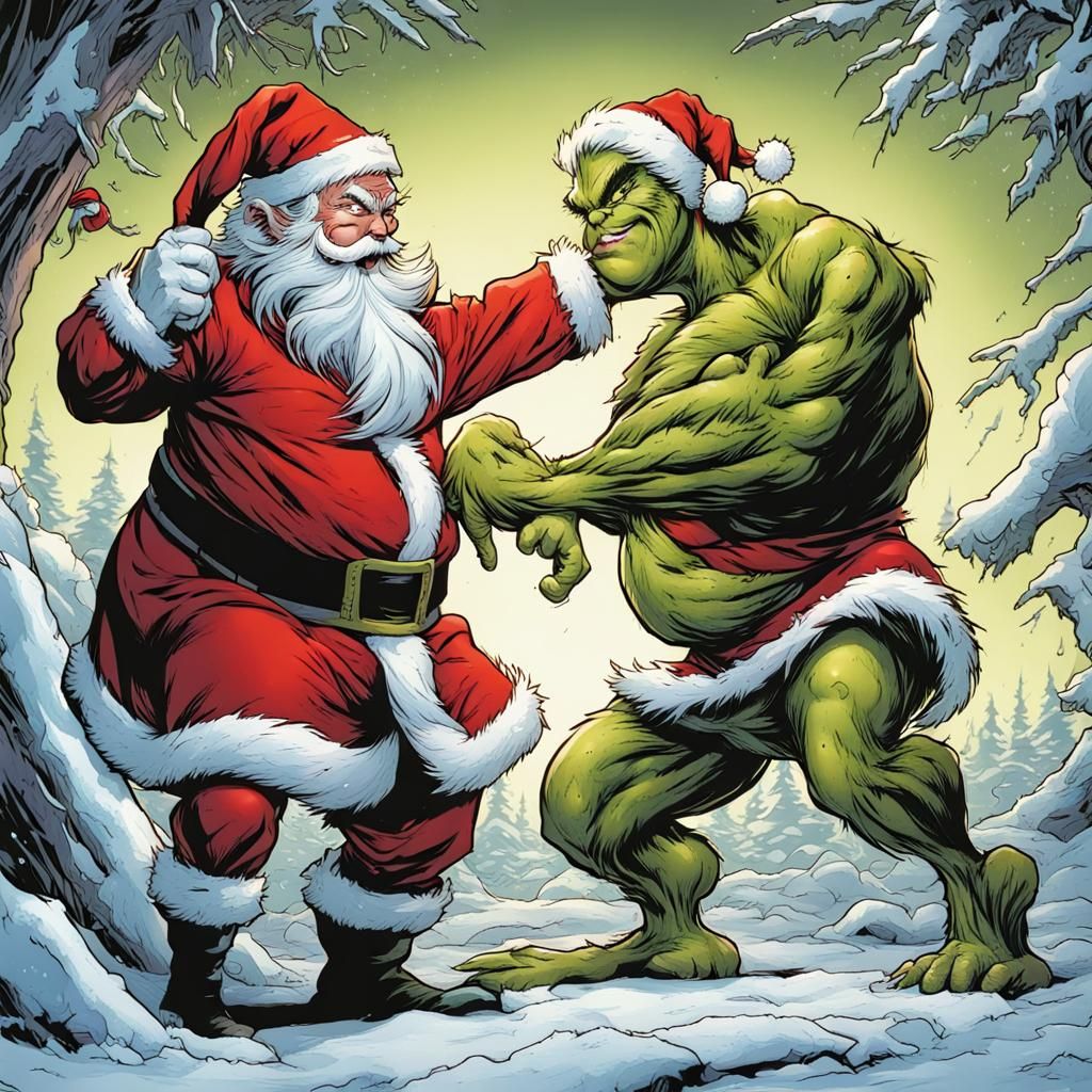 Santa fighting the Grinch