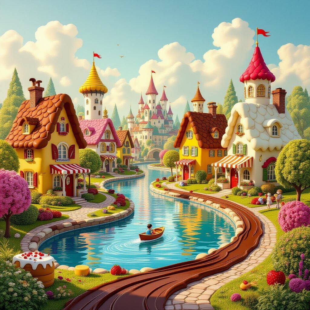 Edible City with Chocolate Lake in Storybook Style