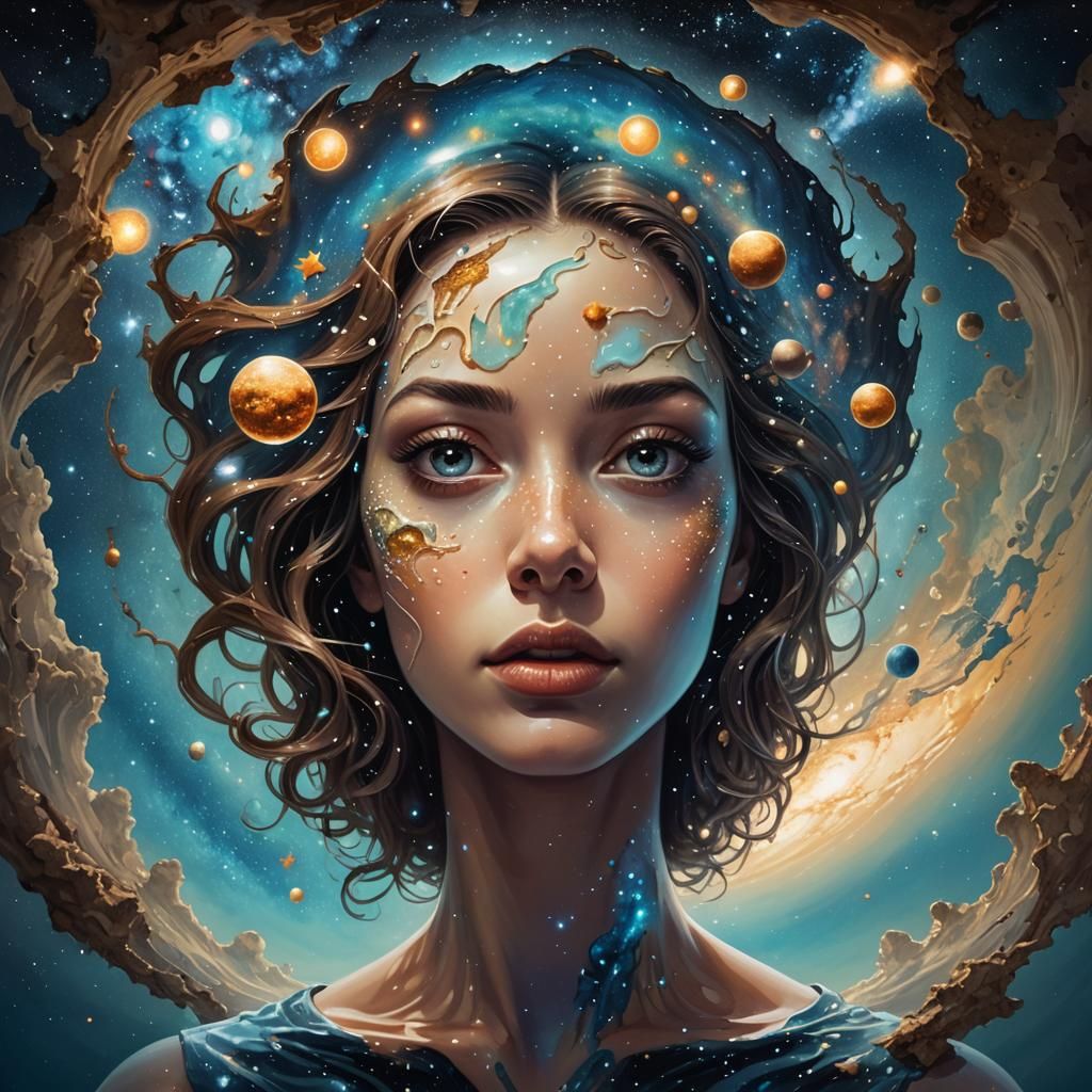 Strange, explosive, milky way, beautiful womans face, shadows , pop surrealism, space , bottom of the ocean, Heaven , nirvana, dreams , alie...