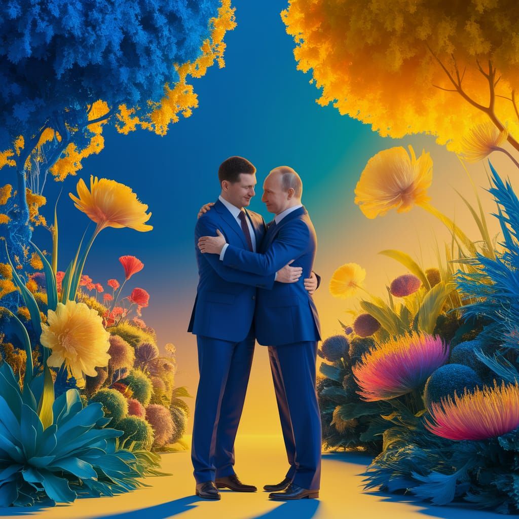 Zelensky and Putin Embrace in Eden: 3D Render