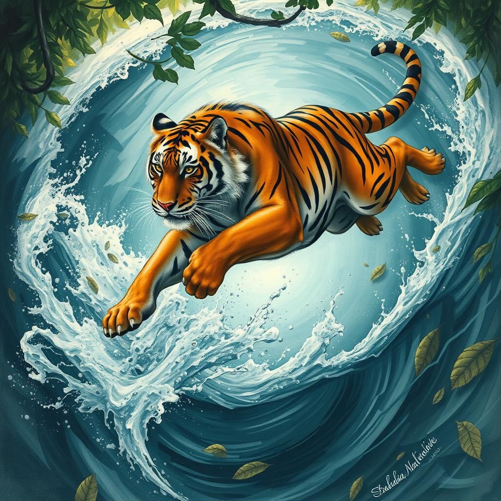 Tigress Surfing Ethereal Wave in Primeval Forest