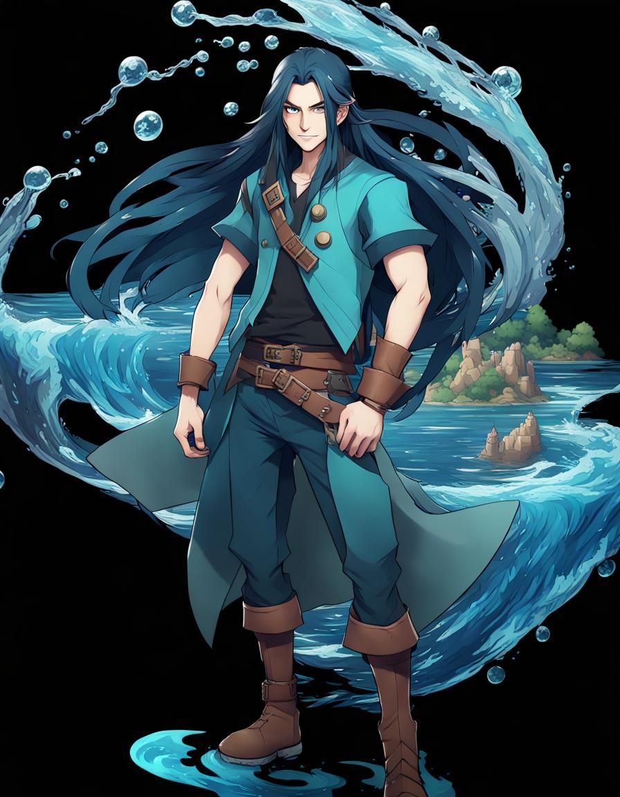 A male Pokemon trainer with dark blue long hair and teal eye...