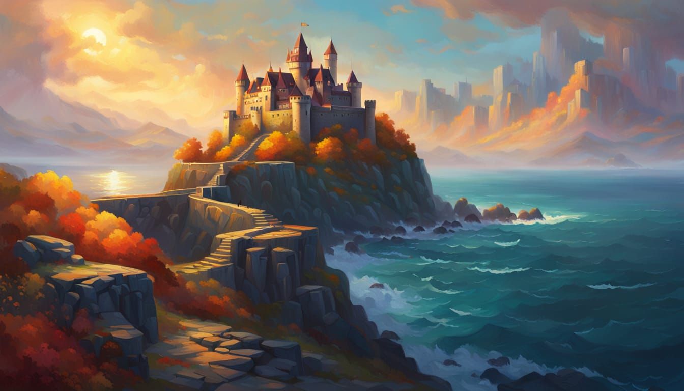 Elaborate oil painting. A serene castle on a cliff top overlooking the ocean, bathed in the soft glow of an enchanted colorful autumn day. d...