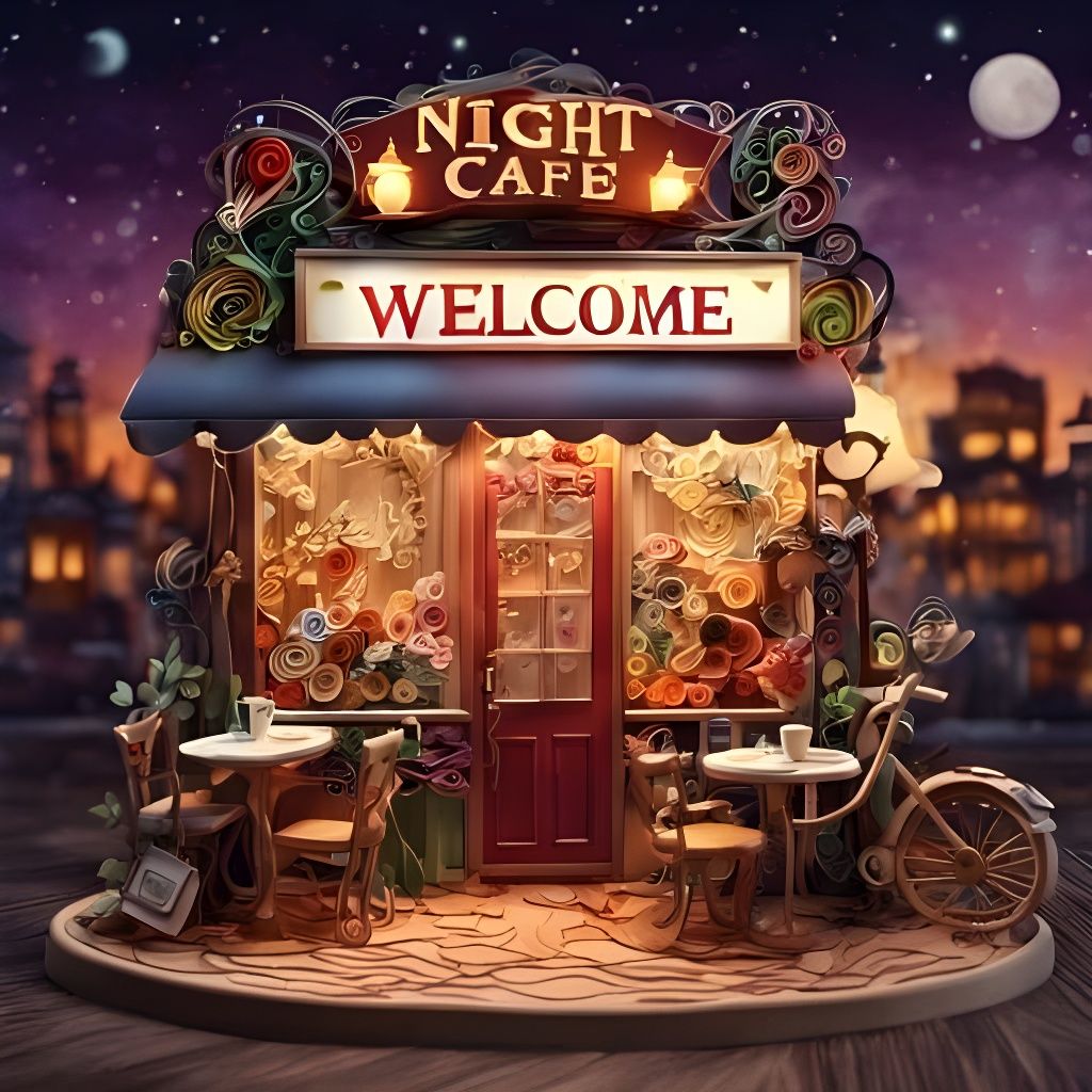 A cafe with a signboard, signboard has the words "Night Cafe...