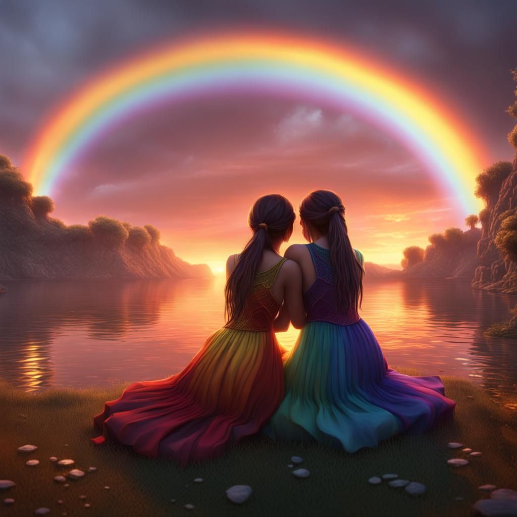 Two girls hugging each other by the sunset and sitting down ...