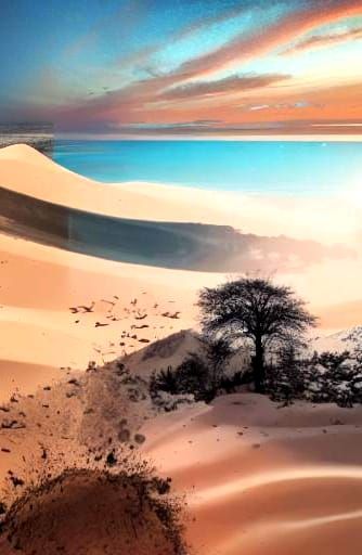 <lora:Mon style:1.0> beaucoup plus réaliste réaliste, désert dunes sable blanc, rosiers rouges foncés rampants dans le sable, piscine nature...