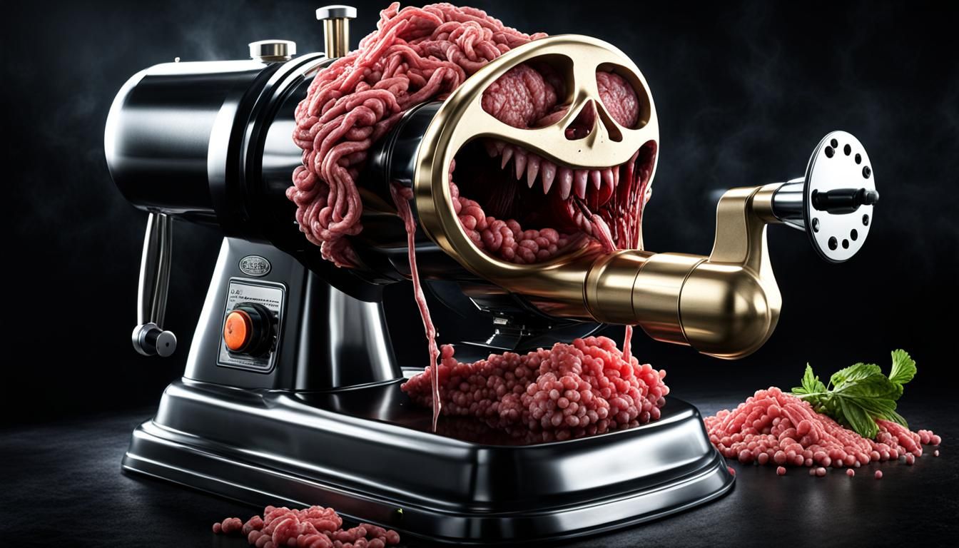 Haunted electric psycho meat grinder with a creepy scary face. Ground meat coming out of its mouth. Ultra ...  by @SteveCampsOut