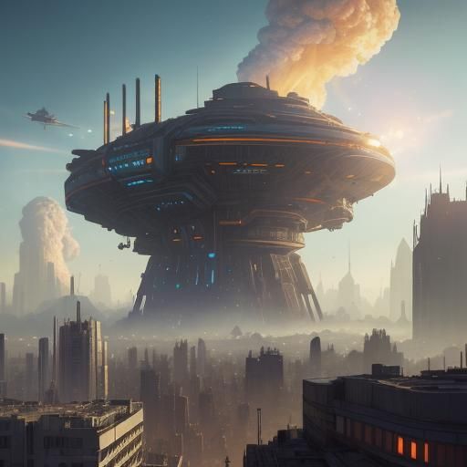 Epic Alien Invasion Over Ruined Cityscape