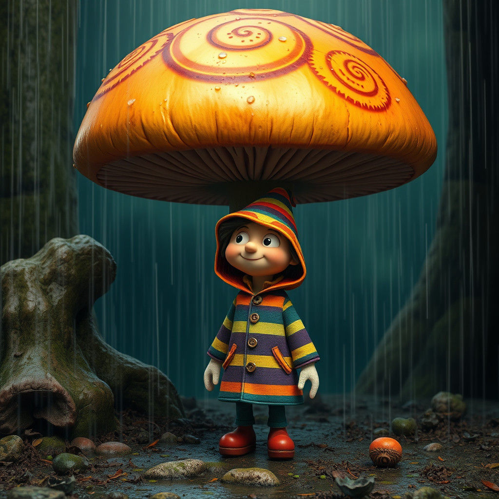 בובת אנימציה מתחבאת מהגשם תחת פטרייה ענקית