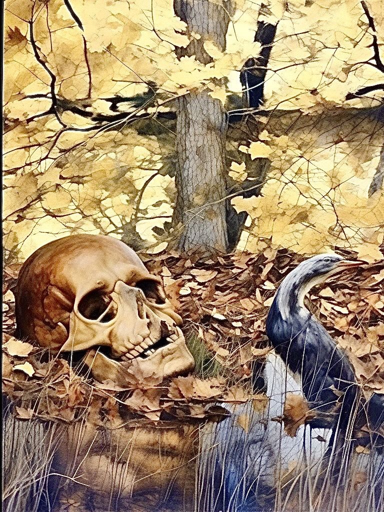 Bird and skull along the river