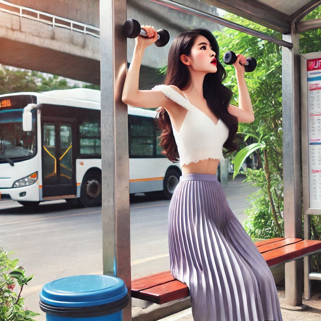 Lifting dumbbells at a bus stop