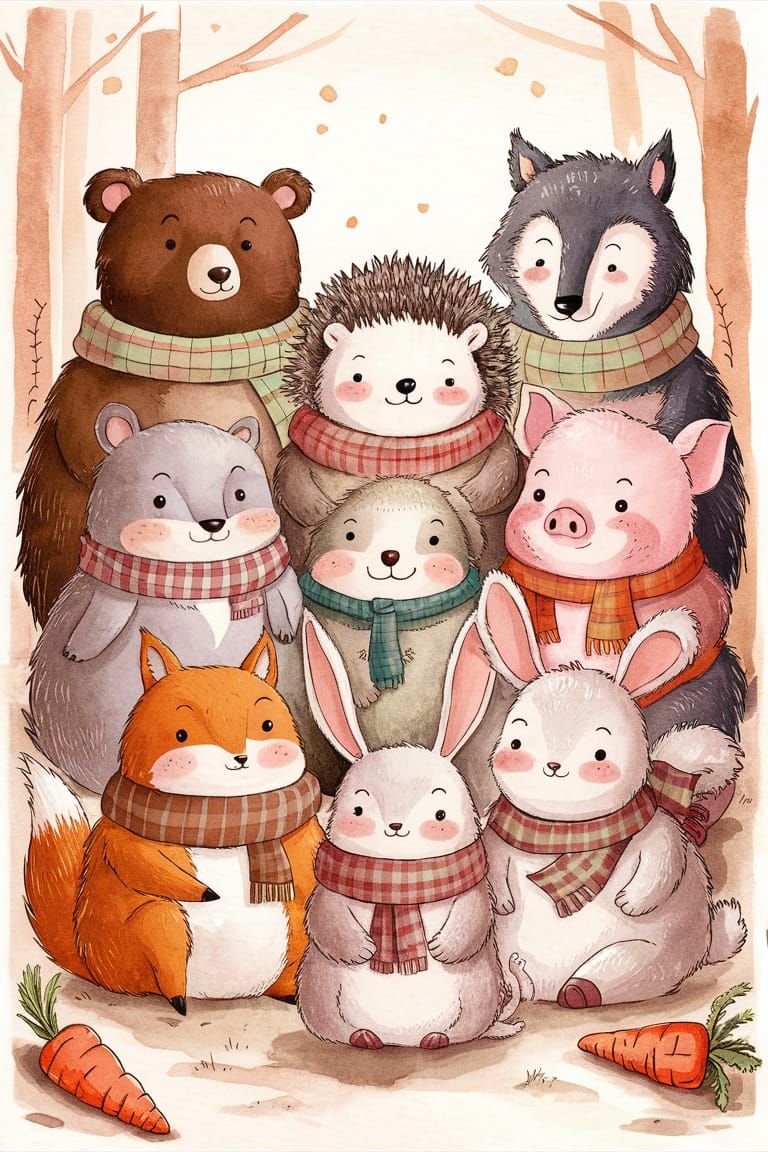 “Cute cartoon animals, bear, hedgehog, wolf, pig, fox, rabbi...