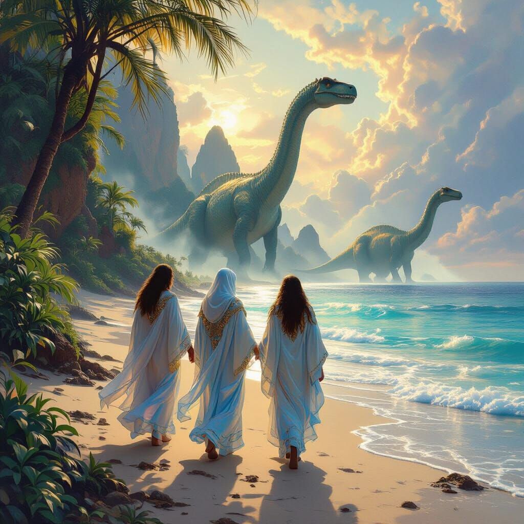Acturians walking on an exotic beach in a group with dinosaurs   by @Starmarrs