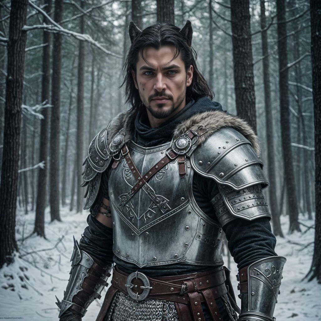 High fantasy epic attractive male warchief,  short slick black hair, goatee, pale skin, leather and chainmail armor, wolf hood, spear, sceni...