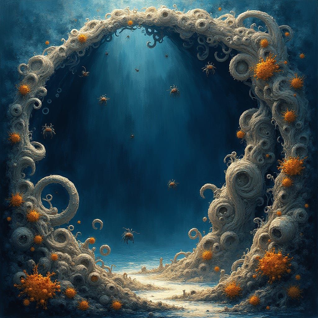 Navy Blue and Tan abstract with hidden animals to be interpreted. 