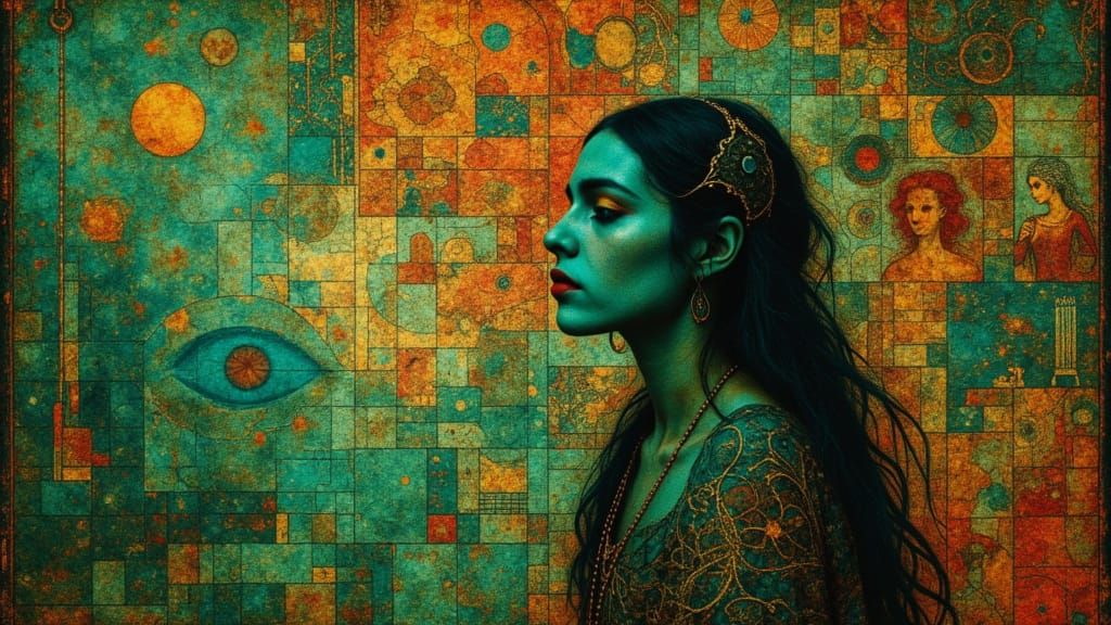 techno Surreal Mosiac Goddess in creative blend of realism barcode artwork and Cubism effects;  <SPACE APART S P A C E  A P A R T  S  P  A  ...