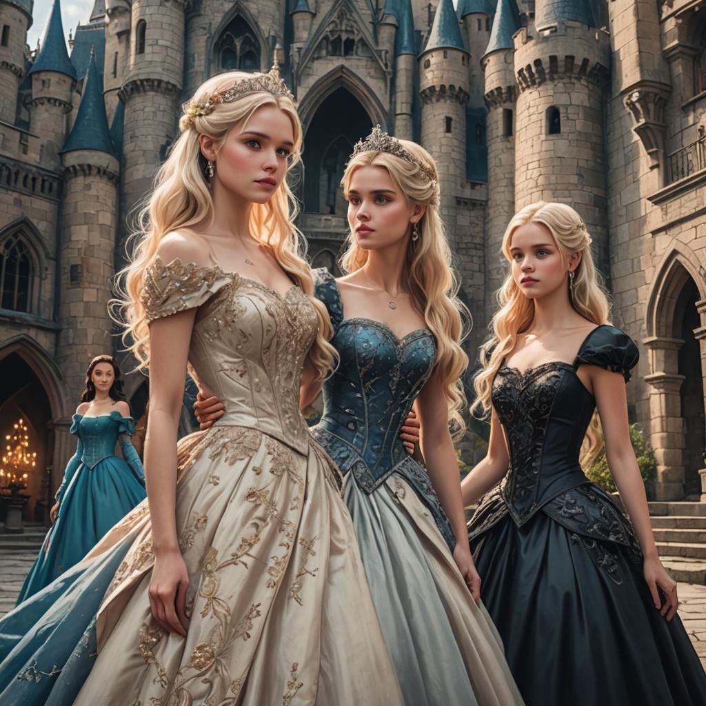 a blonde girl standing next to a dark-haired girl with both girls wearing ball  gowns in a fantasy castle - AI Generated Artwork - NightCafe Creator