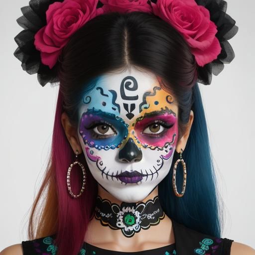 Medium shot of a beautiful woman wearing colorful Día de los...