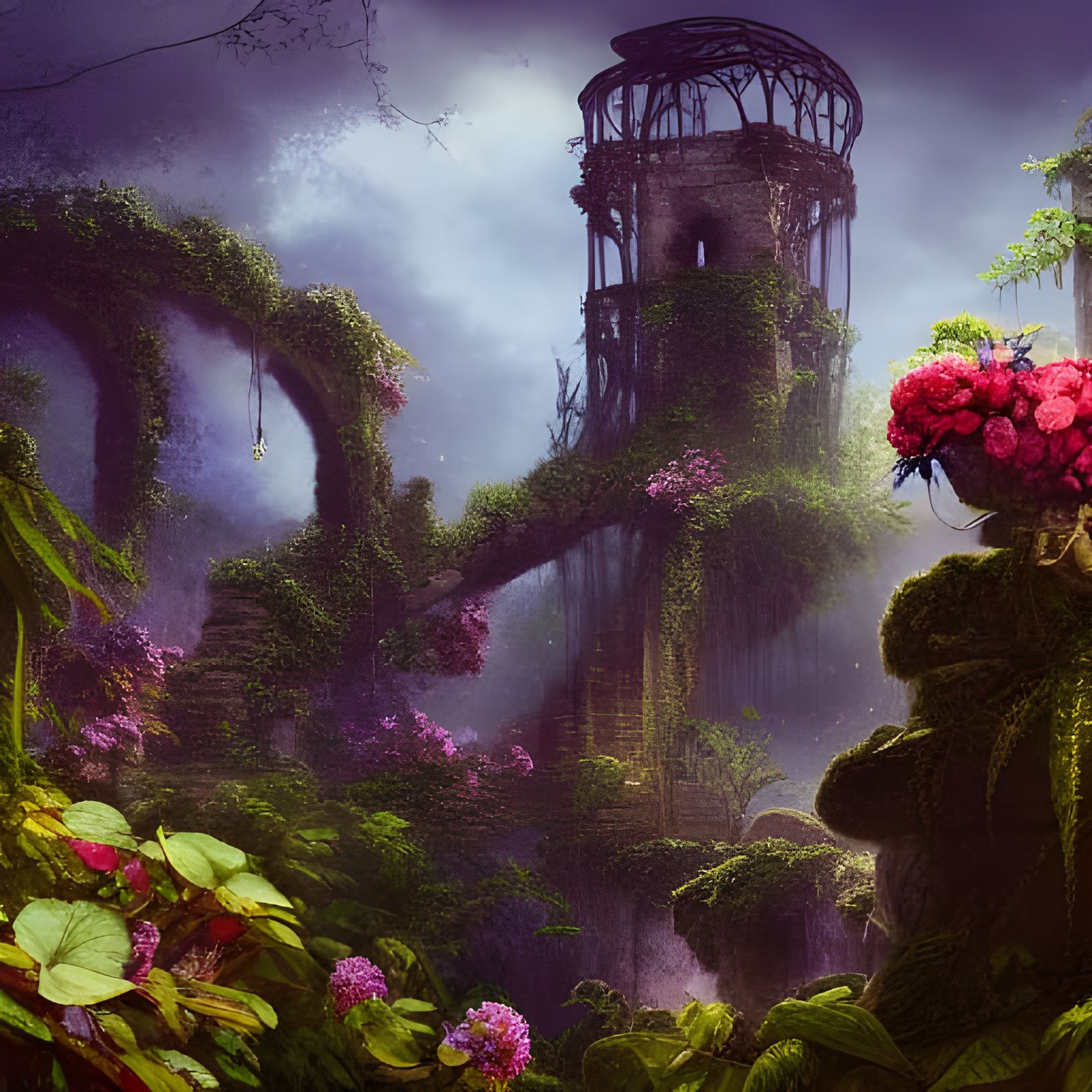 a magical bouquet of flowers on top of the ruins of an old tower in the jungle  undefined