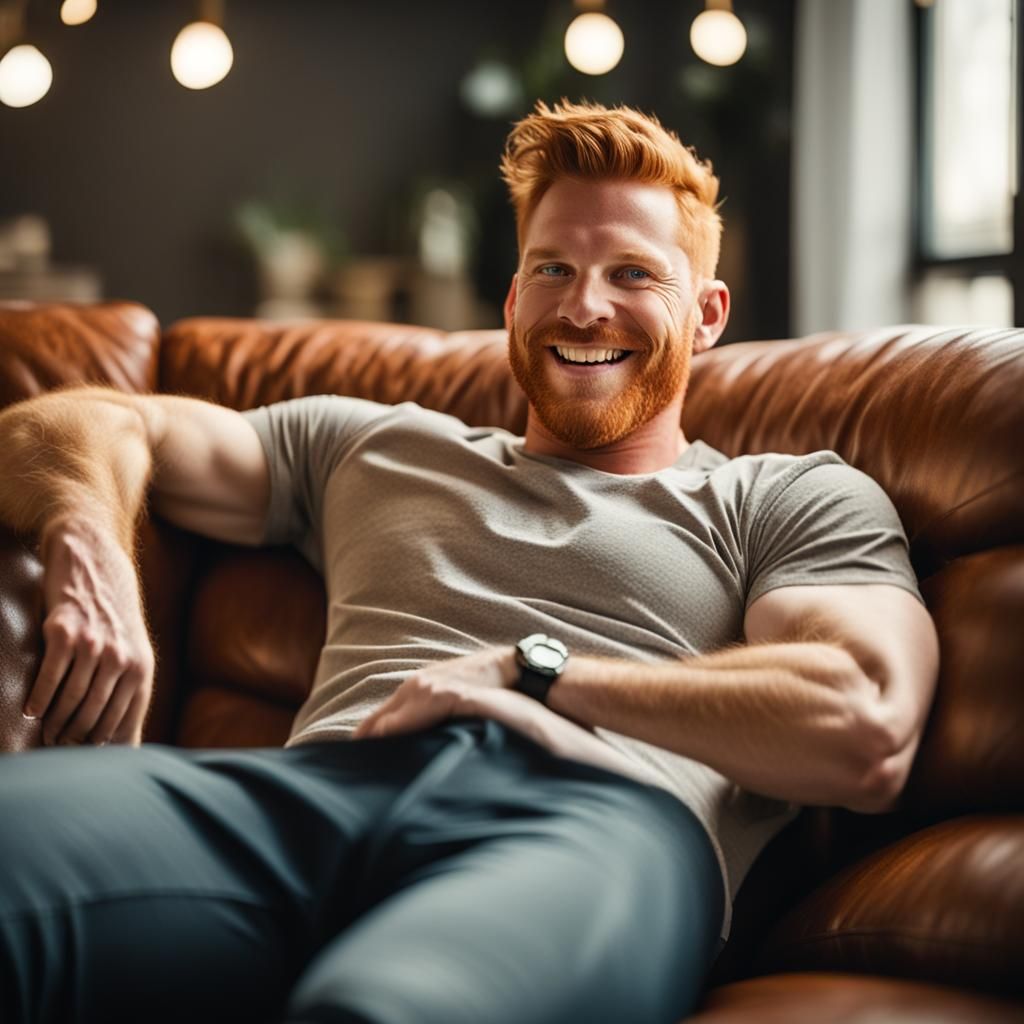 There is a ginger muscle gay guy laying on the sofa. He is s...