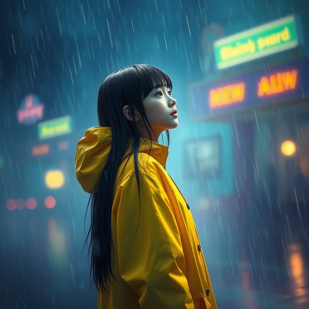 Mystical Korean Girl in Vibrant Yellow Raincoat Amidst Torri...