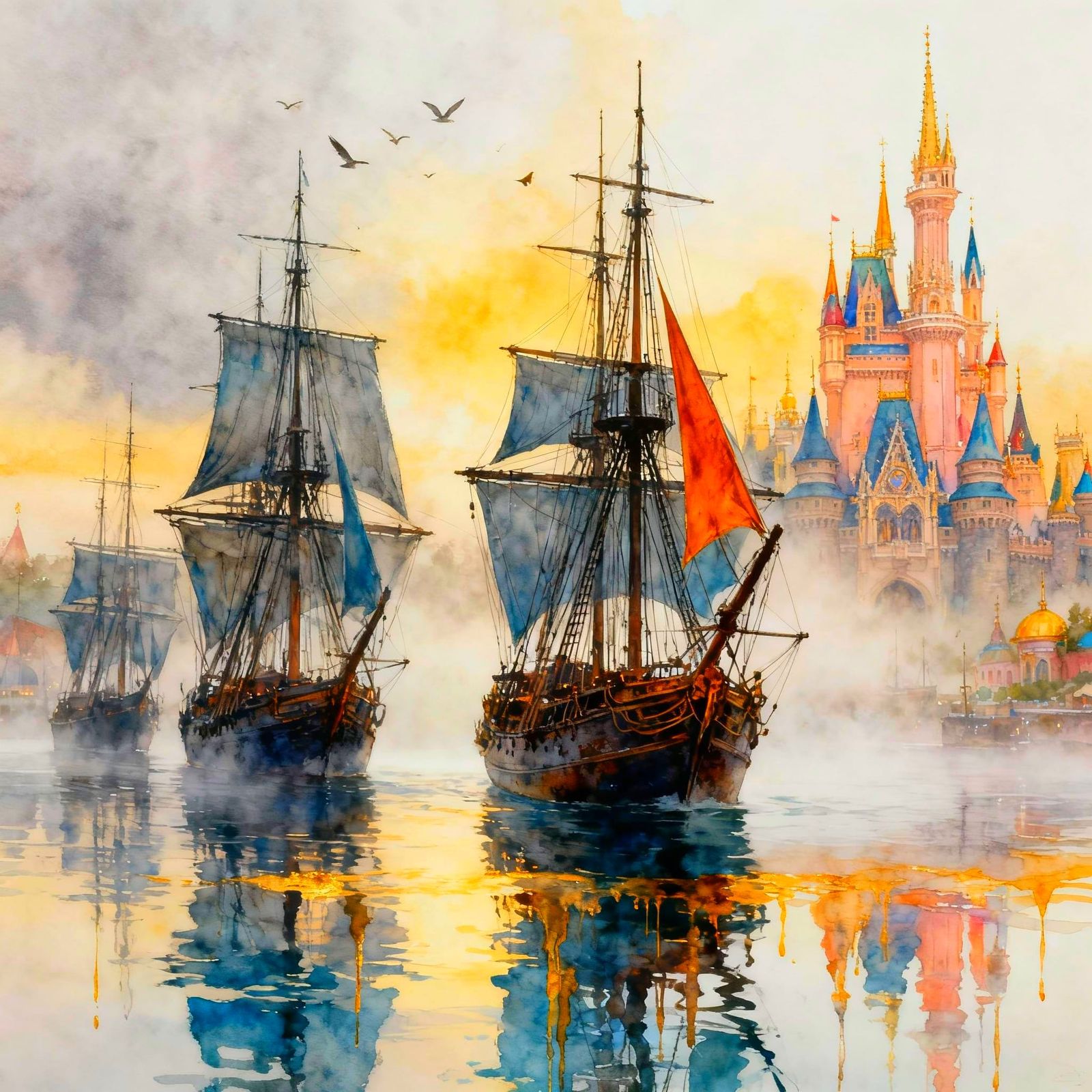 Misty Harbor with Galleons and Fantasy Castle in Watercolor