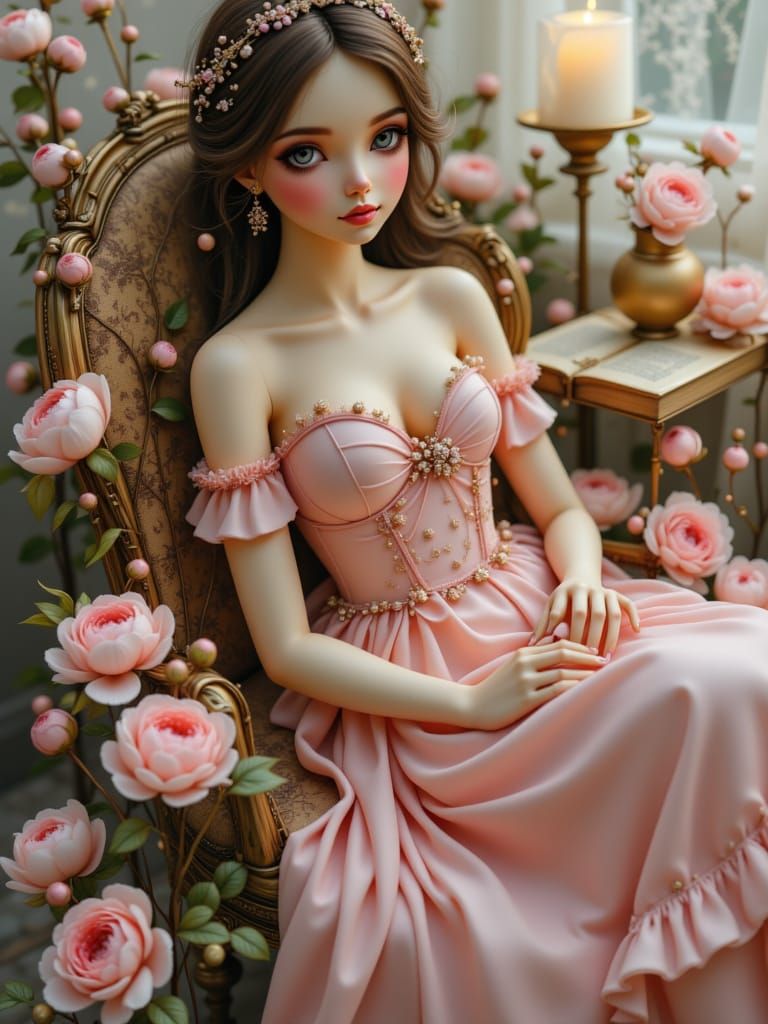 <lora:BlytheDoll:1.0> 

A graceful young woman reclining on a velvet chaise lounge, wearing a blush pink satin gown with ruffled off-shoulde...