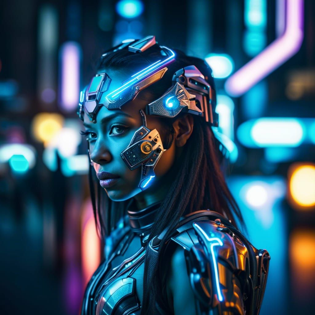 Portrait of a cyborg girl wearing futuristic face armor in a neon city ...