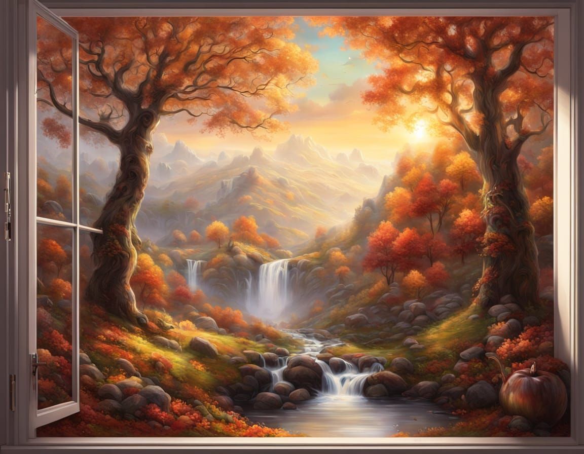 Autumn Landscape Inside Glass Apple, Hyperrealistic