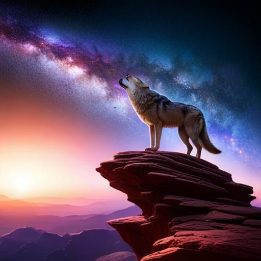 A wolf on a rock cliff howling with the Milky Way Galaxy in the ...