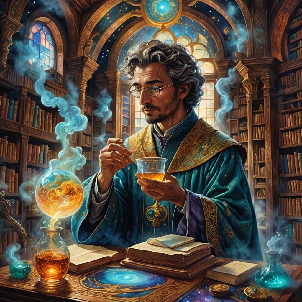 Scholar Drinking Elixir in Dreamlike Library