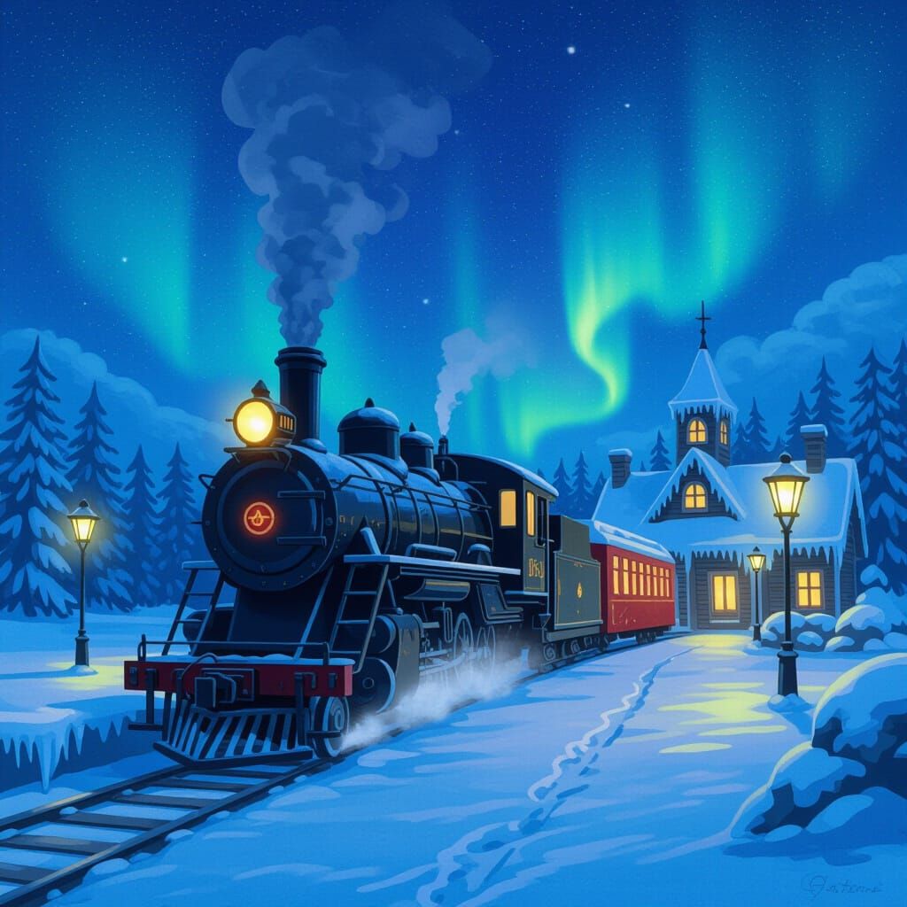 Concept art. A whimsical, slightly dilapidated train station constructed from ice and snow, with glowing lanterns and aurora borealis visibl...